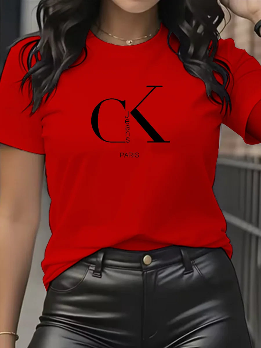 Camiseta de manga corta con cuello redondo y estampado de letras de dibujos animados, estilo Y2K, ideal para el verano.