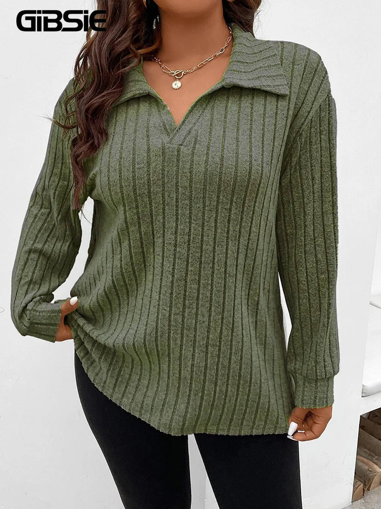 Camiseta de talla grande GIBSIE para mujer, primavera-otoño, cuello polo, manga larga, estilo casual, punto acanalado, color liso.