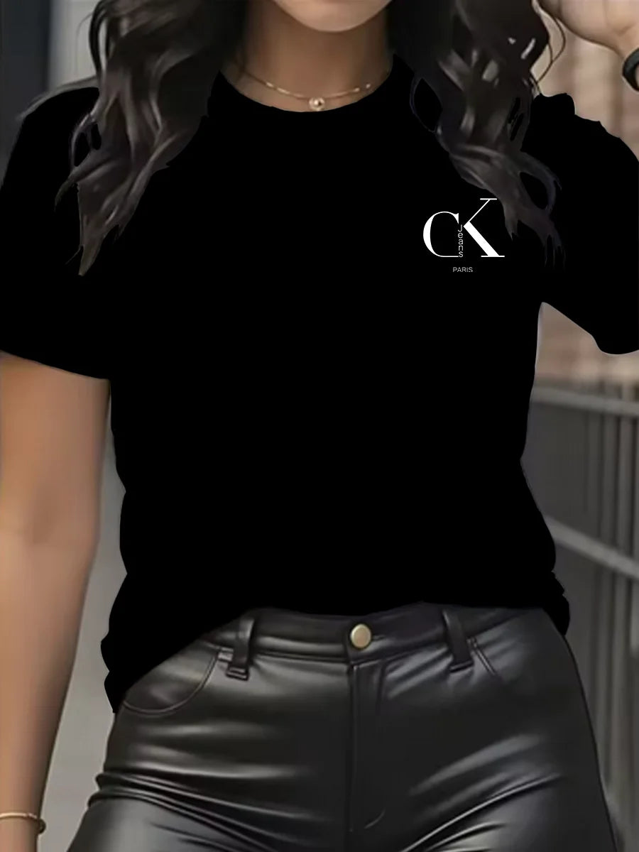 Camiseta de manga corta con cuello redondo y estampado de letras de dibujos animados, estilo Y2K, ideal para el verano.