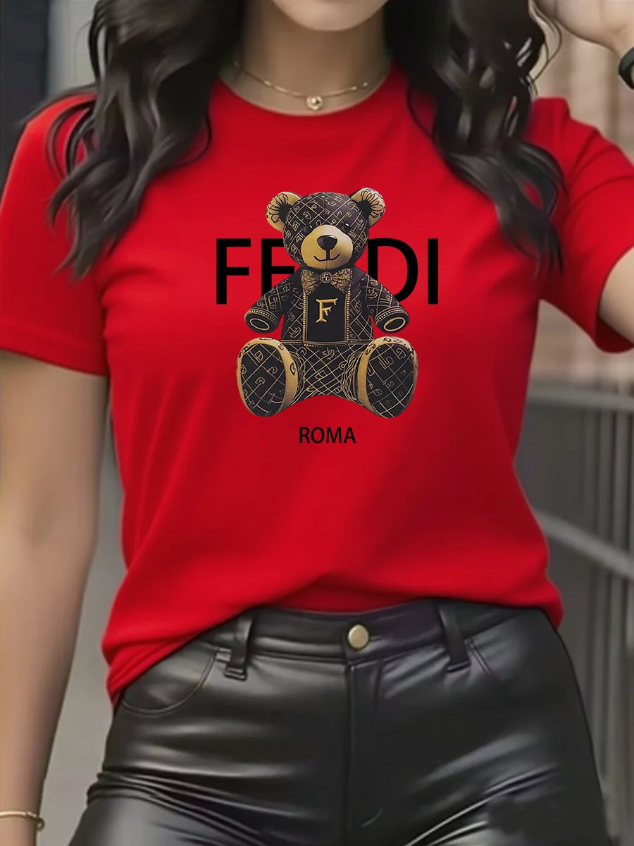 Camiseta gráfica de verano de manga corta con cuello redondo y suave, cómoda, azul claro, informal, para mujer, con osito de peluche.