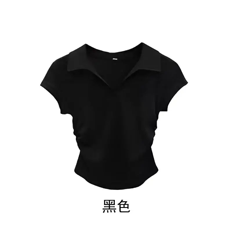 Camiseta de algodón sexy de verano para mujer, ajustada, básica, lisa, corta, polo, de manga corta, estilo casual.