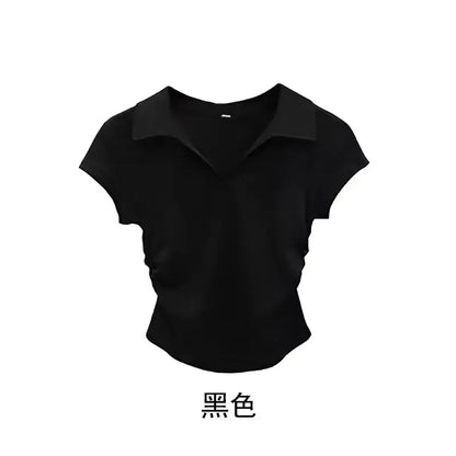 Camiseta de algodón sexy de verano para mujer, ajustada, básica, lisa, corta, polo, de manga corta, estilo casual.