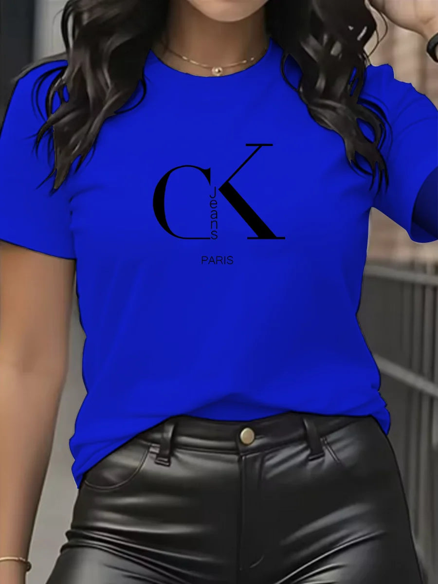 Camiseta de manga corta con cuello redondo y estampado de letras de dibujos animados, estilo Y2K, ideal para el verano.