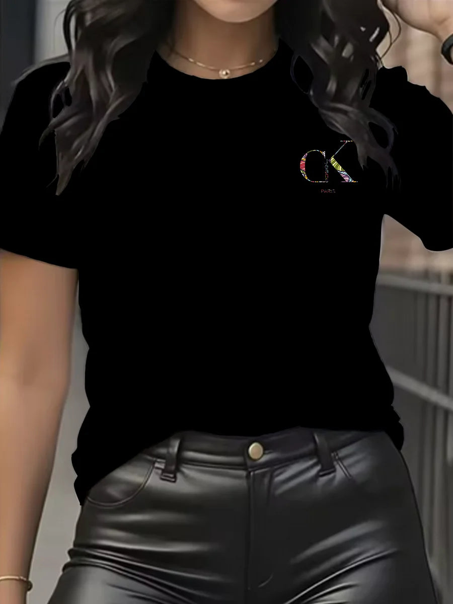 Camiseta de manga corta con cuello redondo y estampado de letras de dibujos animados, estilo Y2K, ideal para el verano.