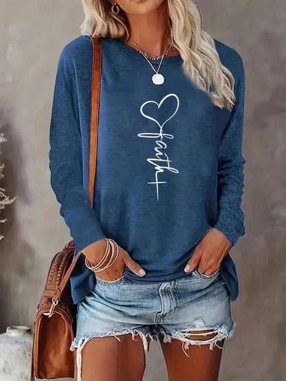 Camiseta de manga larga holgada de cuello redondo para mujer, elegante, de poliéster, color liso, con estampado de corazones, ideal para otoño e invierno.