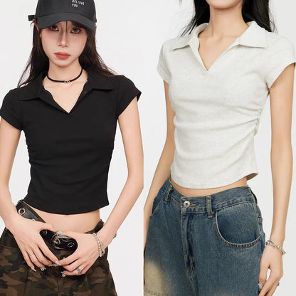 Camiseta de algodón sexy de verano para mujer, ajustada, básica, lisa, corta, polo, de manga corta, estilo casual.
