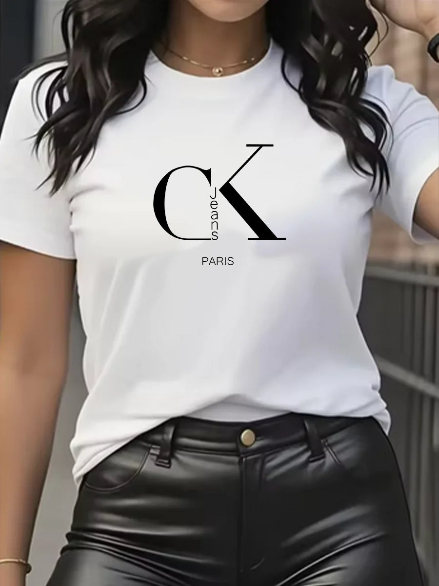 Camiseta de manga corta con cuello redondo y estampado de letras de dibujos animados, estilo Y2K, ideal para el verano.