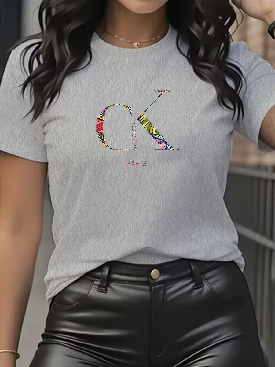 Camiseta de manga corta con cuello redondo y estampado de letras de dibujos animados, estilo Y2K, ideal para el verano.