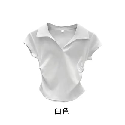 Camiseta de algodón sexy de verano para mujer, ajustada, básica, lisa, corta, polo, de manga corta, estilo casual.