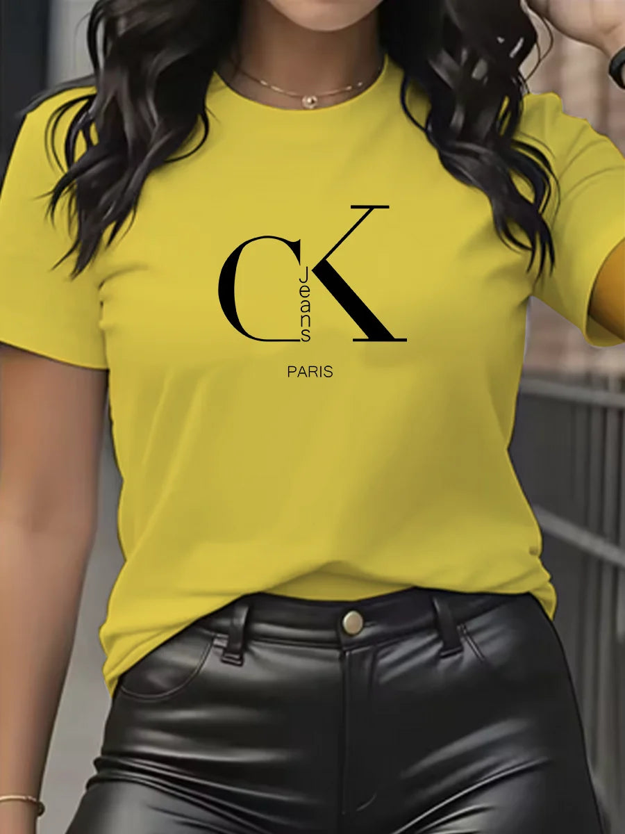 Camiseta de manga corta con cuello redondo y estampado de letras de dibujos animados, estilo Y2K, ideal para el verano.