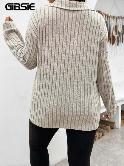 Camiseta de talla grande GIBSIE para mujer, primavera-otoño, cuello polo, manga larga, estilo casual, punto acanalado, color liso.
