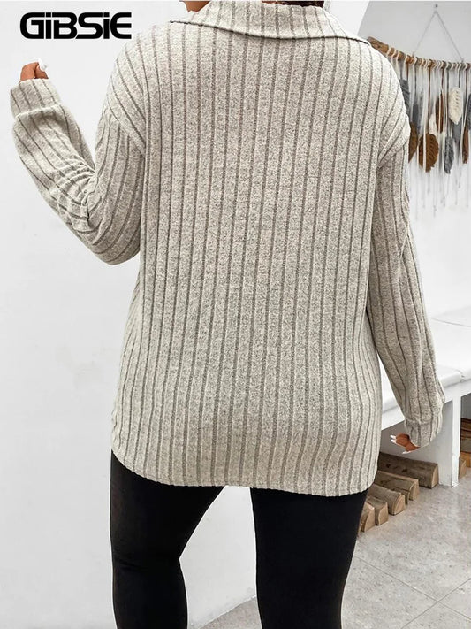 Camiseta de talla grande GIBSIE para mujer, primavera-otoño, cuello polo, manga larga, estilo casual, punto acanalado, color liso.
