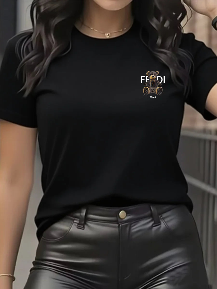 Camiseta gráfica de verano de manga corta con cuello redondo y suave, cómoda, azul claro, informal, para mujer, con osito de peluche.