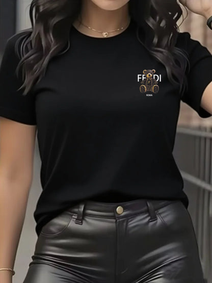 Camiseta gráfica de verano de manga corta con cuello redondo y suave, cómoda, azul claro, informal, para mujer, con osito de peluche.