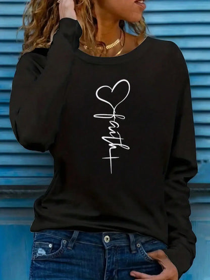 Camiseta de manga larga holgada de cuello redondo para mujer, elegante, de poliéster, color liso, con estampado de corazones, ideal para otoño e invierno.