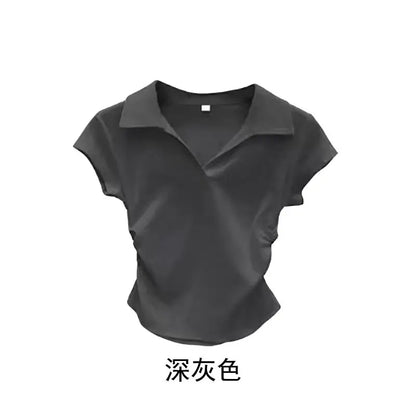 Camiseta de algodón sexy de verano para mujer, ajustada, básica, lisa, corta, polo, de manga corta, estilo casual.