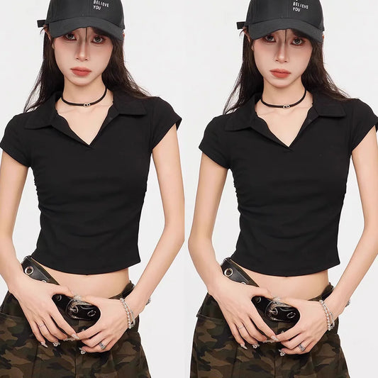 Camiseta de algodón sexy de verano para mujer, ajustada, básica, lisa, corta, polo, de manga corta, estilo casual.