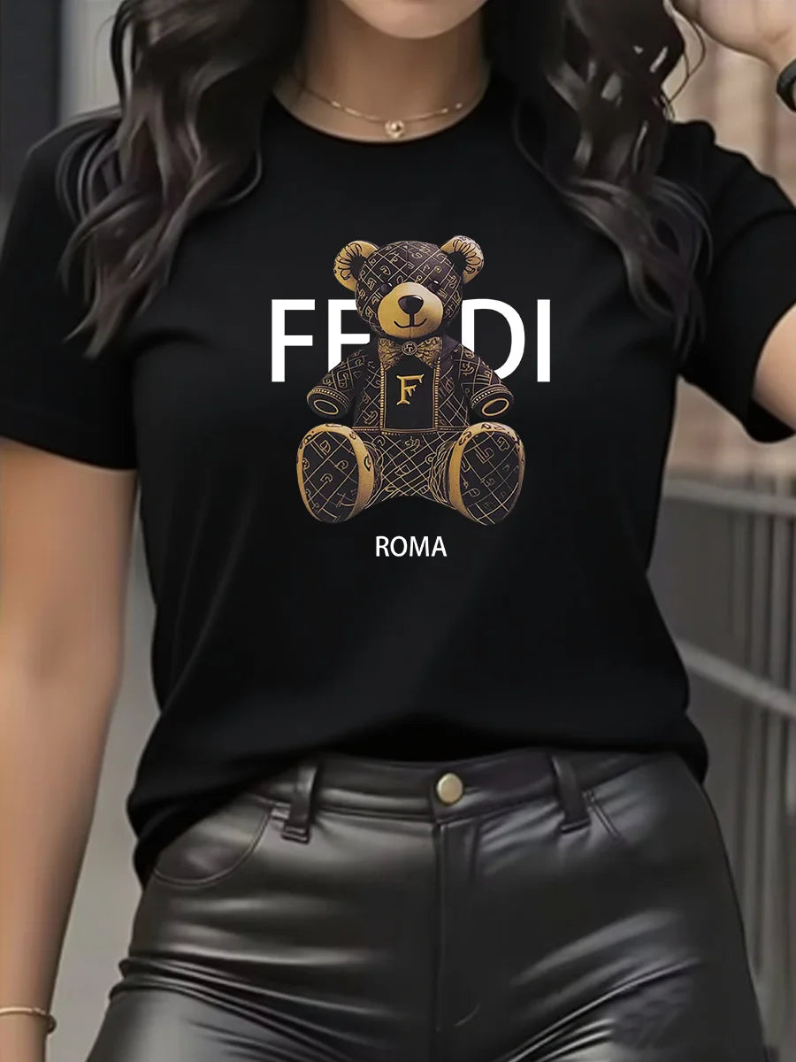 Camiseta gráfica de verano de manga corta con cuello redondo y suave, cómoda, azul claro, informal, para mujer, con osito de peluche.