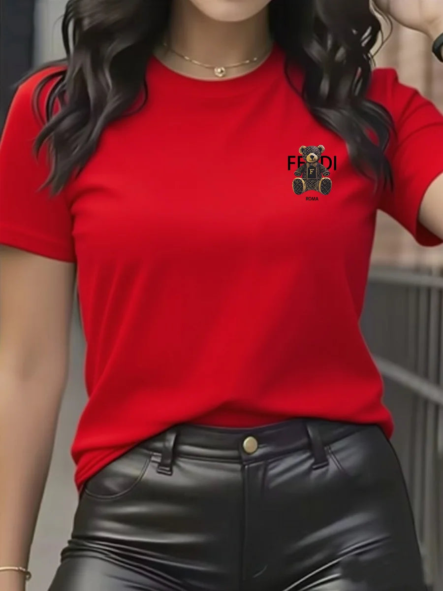 Camiseta gráfica de verano de manga corta con cuello redondo y suave, cómoda, azul claro, informal, para mujer, con osito de peluche.