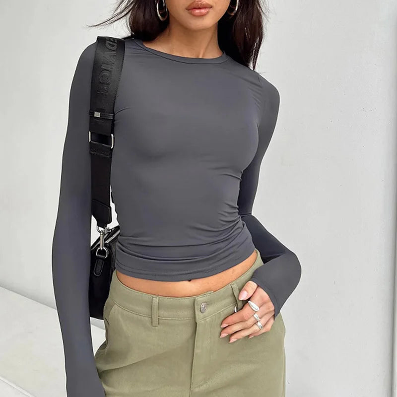 Camisetas casuales de manga larga para mujer, primavera y otoño, lisas, de corte ajustado, estilo jersey, camisetas, ropa urbana femenina, camisetas básicas, tops casuales.