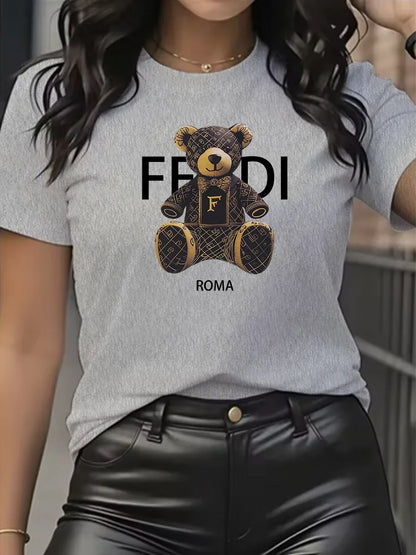 Camiseta gráfica de verano de manga corta con cuello redondo y suave, cómoda, azul claro, informal, para mujer, con osito de peluche.