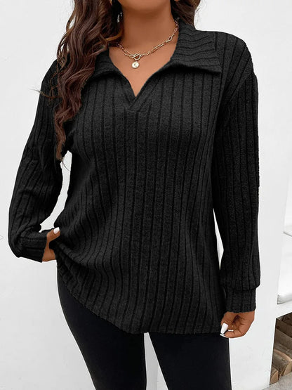 Camiseta de talla grande GIBSIE para mujer, primavera-otoño, cuello polo, manga larga, estilo casual, punto acanalado, color liso.