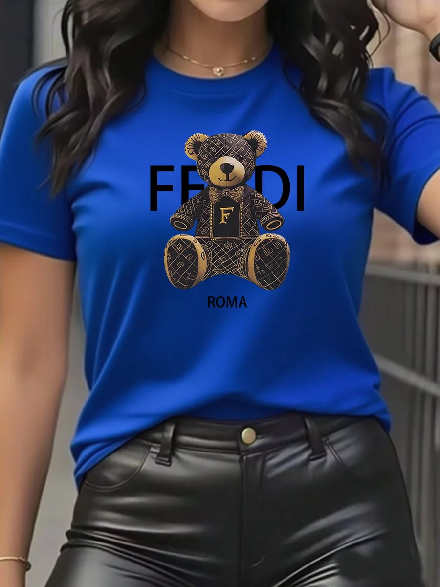 Camiseta gráfica de verano de manga corta con cuello redondo y suave, cómoda, azul claro, informal, para mujer, con osito de peluche.