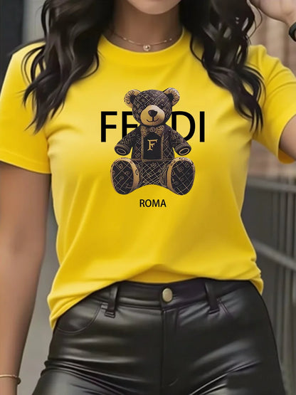 Camiseta gráfica de verano de manga corta con cuello redondo y suave, cómoda, azul claro, informal, para mujer, con osito de peluche.