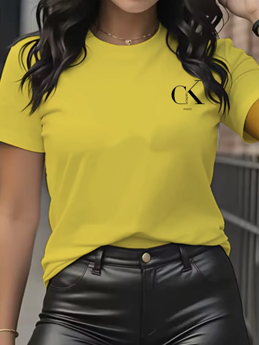 Camiseta de manga corta con cuello redondo y estampado de letras de dibujos animados, estilo Y2K, ideal para el verano.