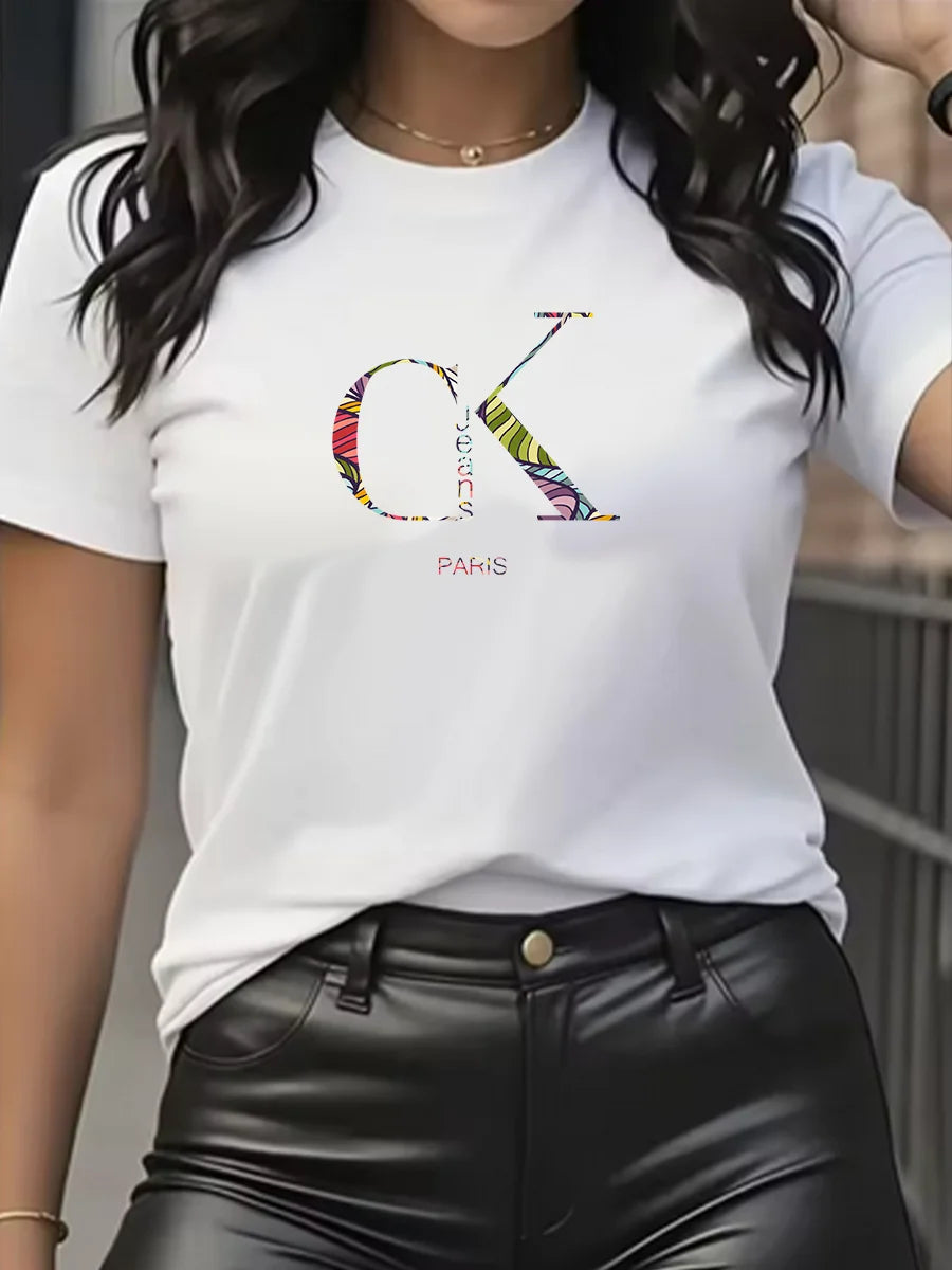 Camiseta de manga corta con cuello redondo y estampado de letras de dibujos animados, estilo Y2K, ideal para el verano.