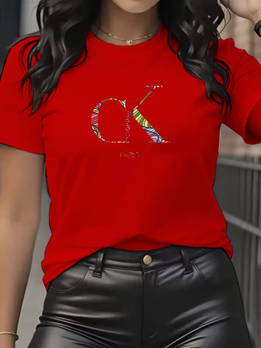 Camiseta de manga corta con cuello redondo y estampado de letras de dibujos animados, estilo Y2K, ideal para el verano.