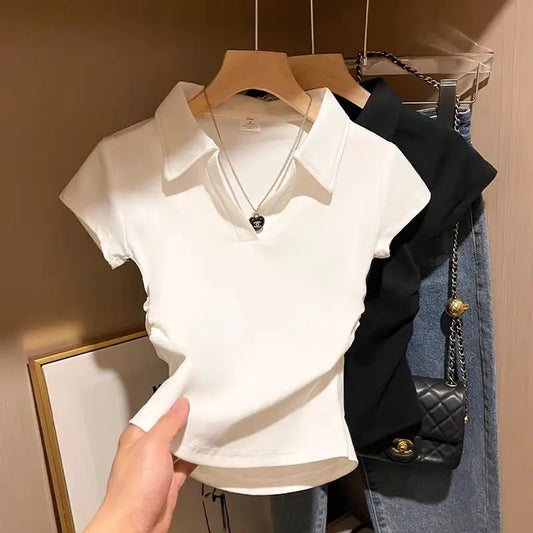 Camiseta de algodón sexy de verano para mujer, ajustada, básica, lisa, corta, polo, de manga corta, estilo casual.