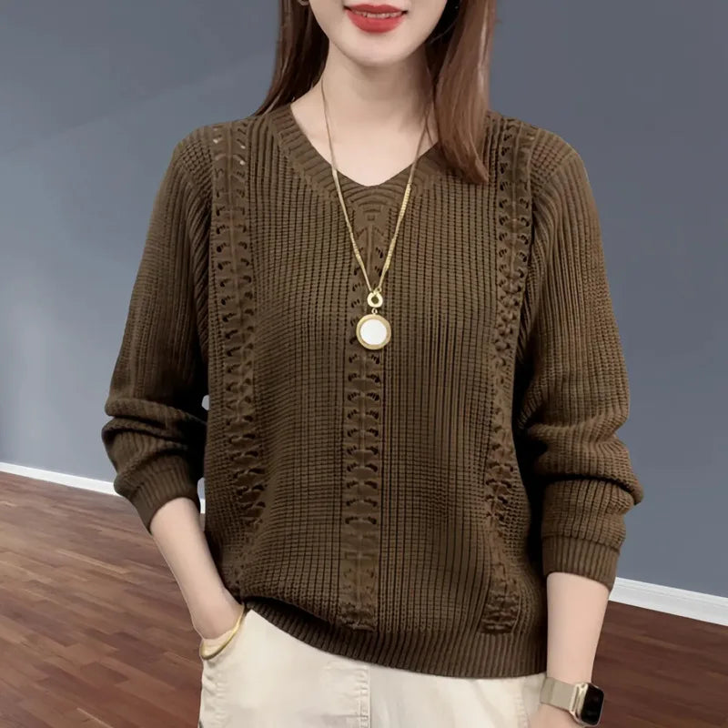 Suéter de punto con cuello en V, ropa popular de otoño para mujer, estilo extranjero, interior con camisa de color liso, top Jumpe Homme.