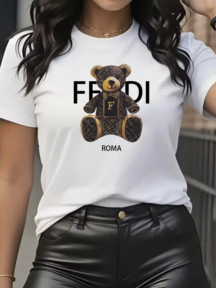 Camiseta gráfica de verano de manga corta con cuello redondo y suave, cómoda, azul claro, informal, para mujer, con osito de peluche.