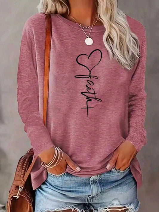 Camiseta de manga larga holgada de cuello redondo para mujer, elegante, de poliéster, color liso, con estampado de corazones, ideal para otoño e invierno.