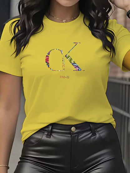 Camiseta de manga corta con cuello redondo y estampado de letras de dibujos animados, estilo Y2K, ideal para el verano.