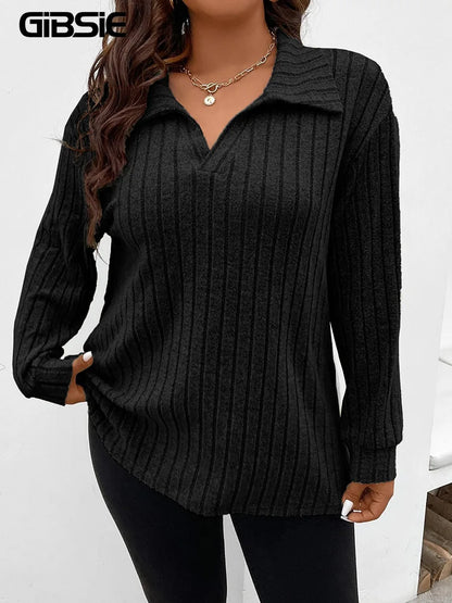Camiseta de talla grande GIBSIE para mujer, primavera-otoño, cuello polo, manga larga, estilo casual, punto acanalado, color liso.