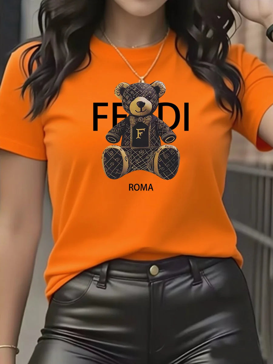Camiseta gráfica de verano de manga corta con cuello redondo y suave, cómoda, azul claro, informal, para mujer, con osito de peluche.