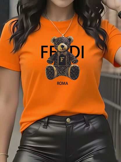 Camiseta gráfica de verano de manga corta con cuello redondo y suave, cómoda, azul claro, informal, para mujer, con osito de peluche.