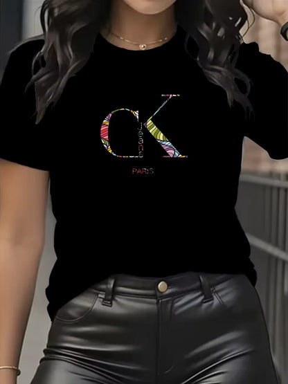 Camiseta de manga corta con cuello redondo y estampado de letras de dibujos animados, estilo Y2K, ideal para el verano.