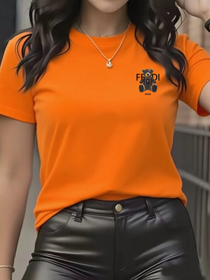 Camiseta gráfica de verano de manga corta con cuello redondo y suave, cómoda, azul claro, informal, para mujer, con osito de peluche.