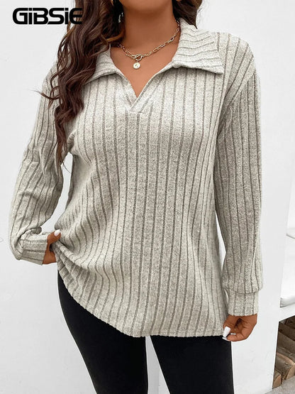 Camiseta de talla grande GIBSIE para mujer, primavera-otoño, cuello polo, manga larga, estilo casual, punto acanalado, color liso.
